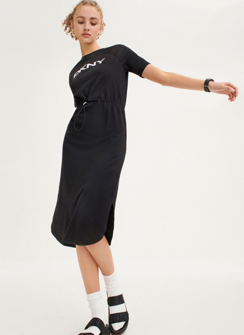 Black Dkny Logo Drawstring Waist Women's Dress | P1960336