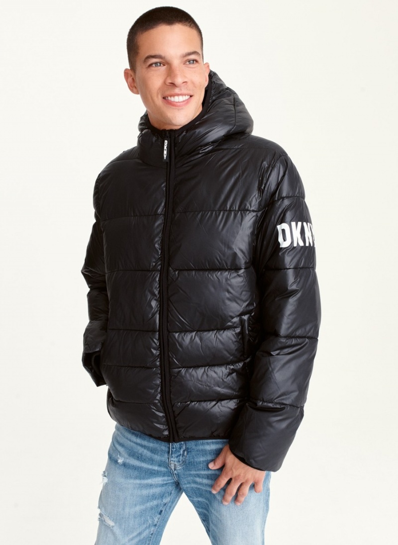 Black Dkny Logo Hoodie Men\'s Puffer Jacket | G1157331