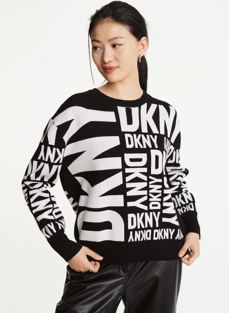 Black Dkny Long Sleeve Crew Neck Exploded Logo Women's Sweaters | M2145198