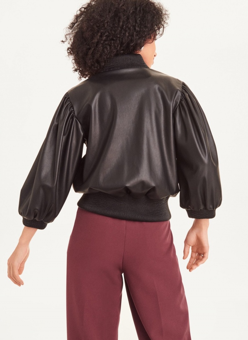 Black Dkny Long Sleeve Faux Leather Puff Sleeve Crop Women's Bomber Jackets | X3220580