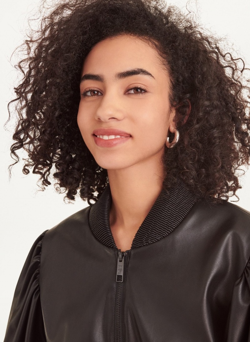 Black Dkny Long Sleeve Faux Leather Puff Sleeve Crop Women's Bomber Jackets | X3220580