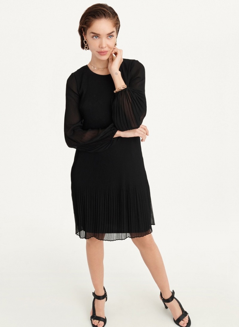 Black Dkny Long Sleeve Pleated A Line Women\'s Dress | M5206921