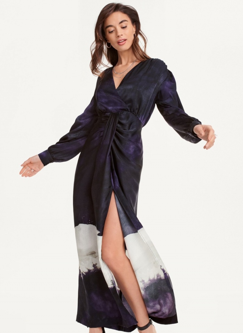 Black Dkny Long Sleeve Print V Neck Maxi Women's Dress | G9440054