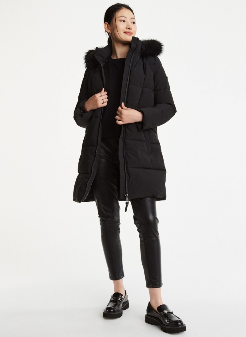 Black Dkny Long With Double Pockets Women's Puffer Jacket | B2115813