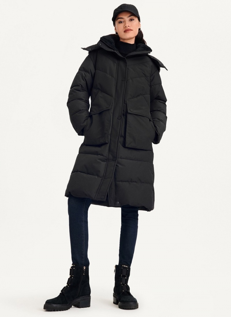 Black Dkny Long With Faux Fur Hood Women's Puffer Jacket | C1104098