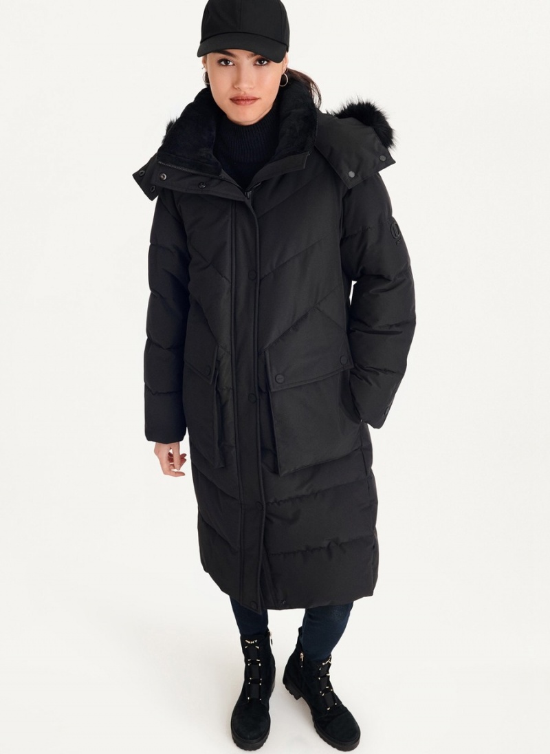 Black Dkny Long With Faux Fur Hood Women\'s Puffer Jacket | C1104098