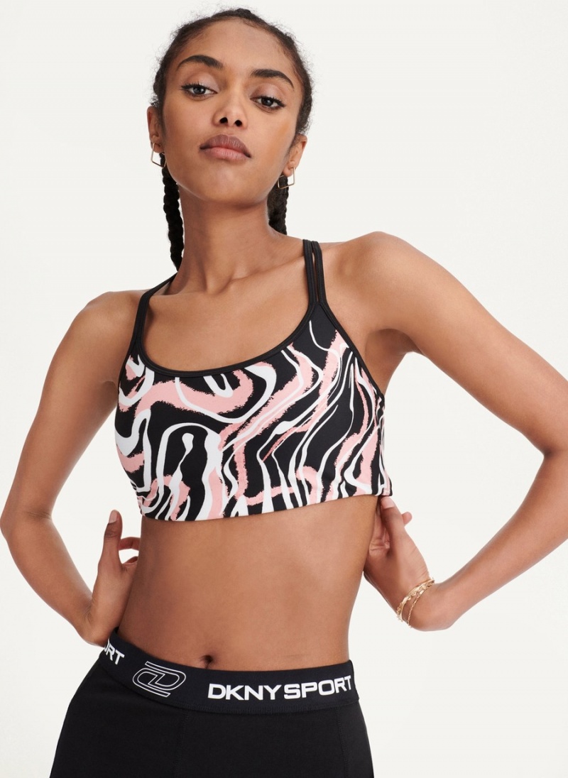 Black Dkny Marble Swirl Print Strappy Women's Sports Bra | P3241043