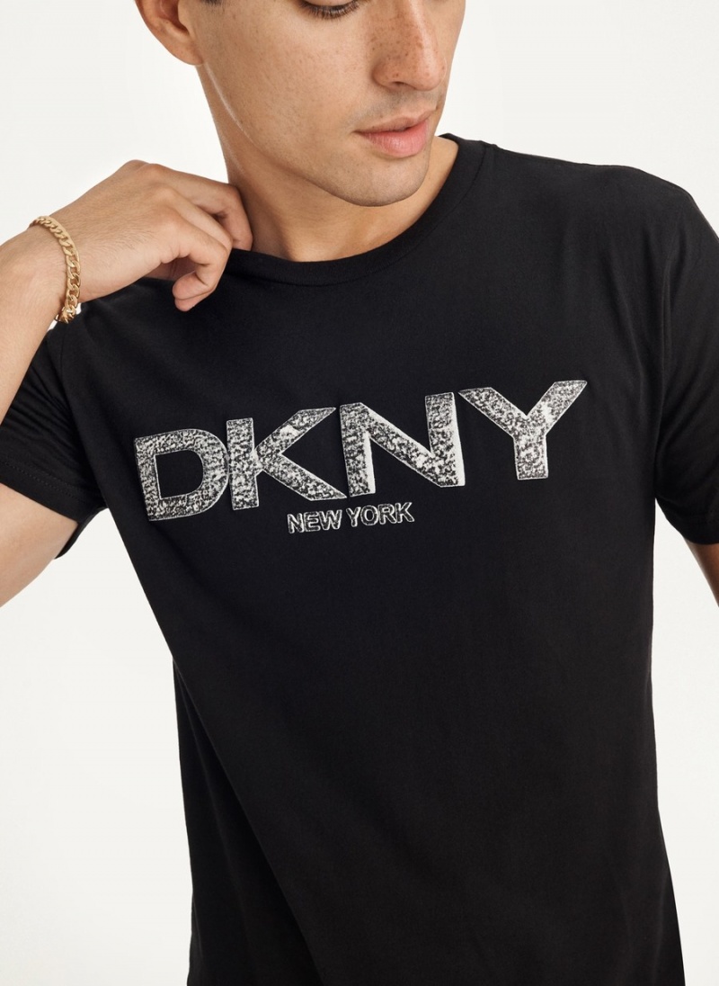 Black Dkny Metallic Puff Logo Men's T Shirts | G7069029