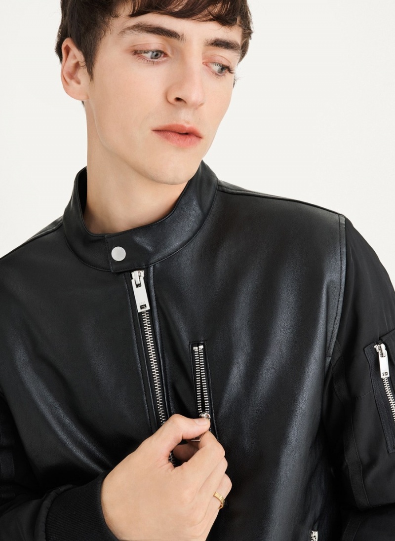 Black Dkny Mixed Media Faux Leather Men's Bomber Jackets | S6040249