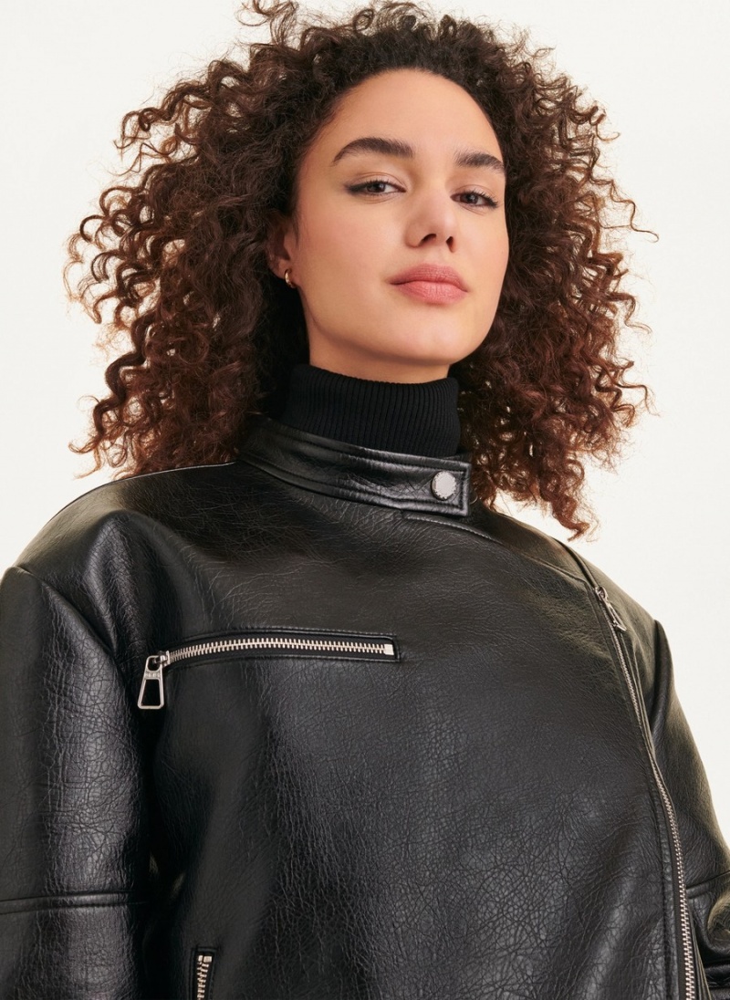 Black Dkny Oversized Faux Textured Leather Moto Women's Leather Jackets | T6800033