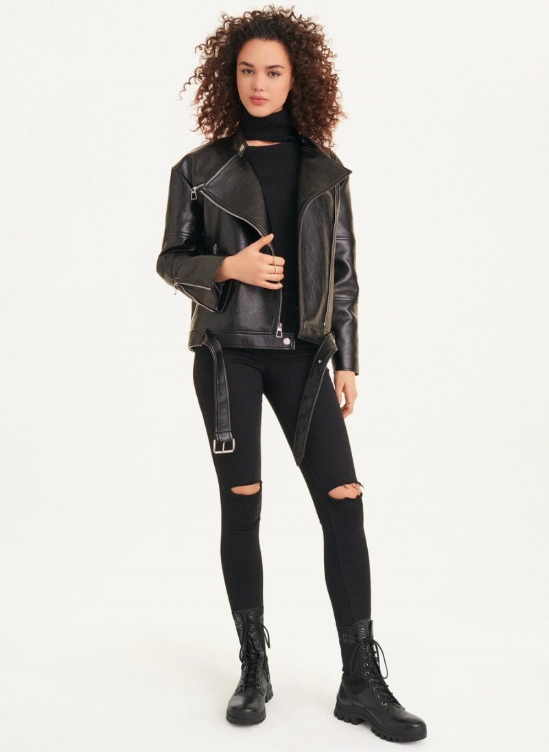 Black Dkny Oversized Faux Textured Leather Moto Women's Leather Jackets | T6800033