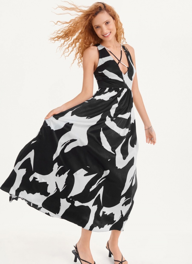 Black Dkny Printed Maxi Women's Dress | C3055396