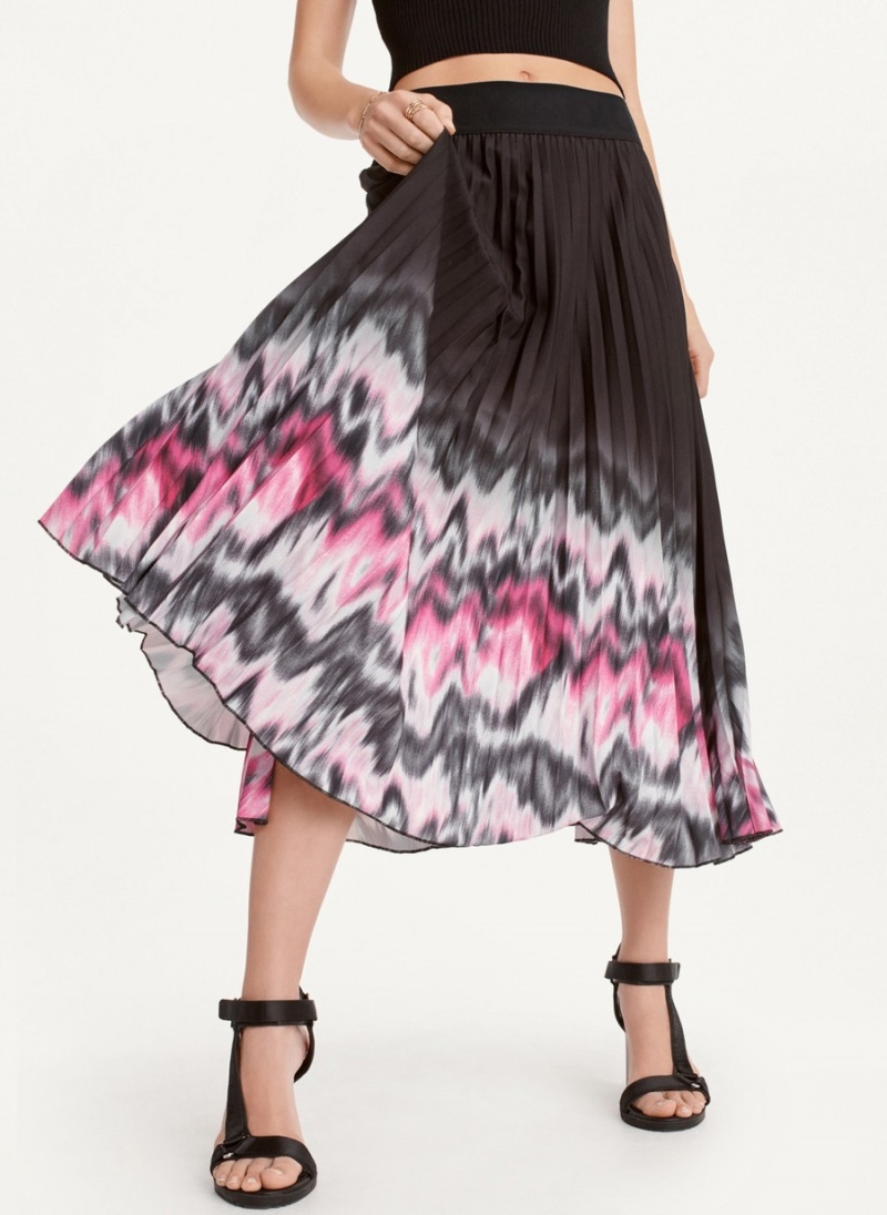 Black Dkny Printed Pleated Midi Women's Skirts | Z2102454