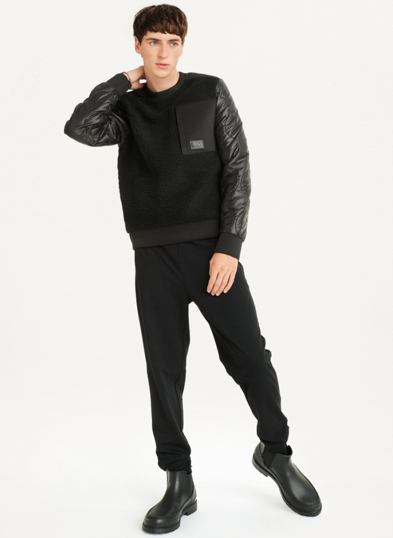 Black Dkny Quilted Sleeve Crew Neck Men's Sweatshirts | R1090160