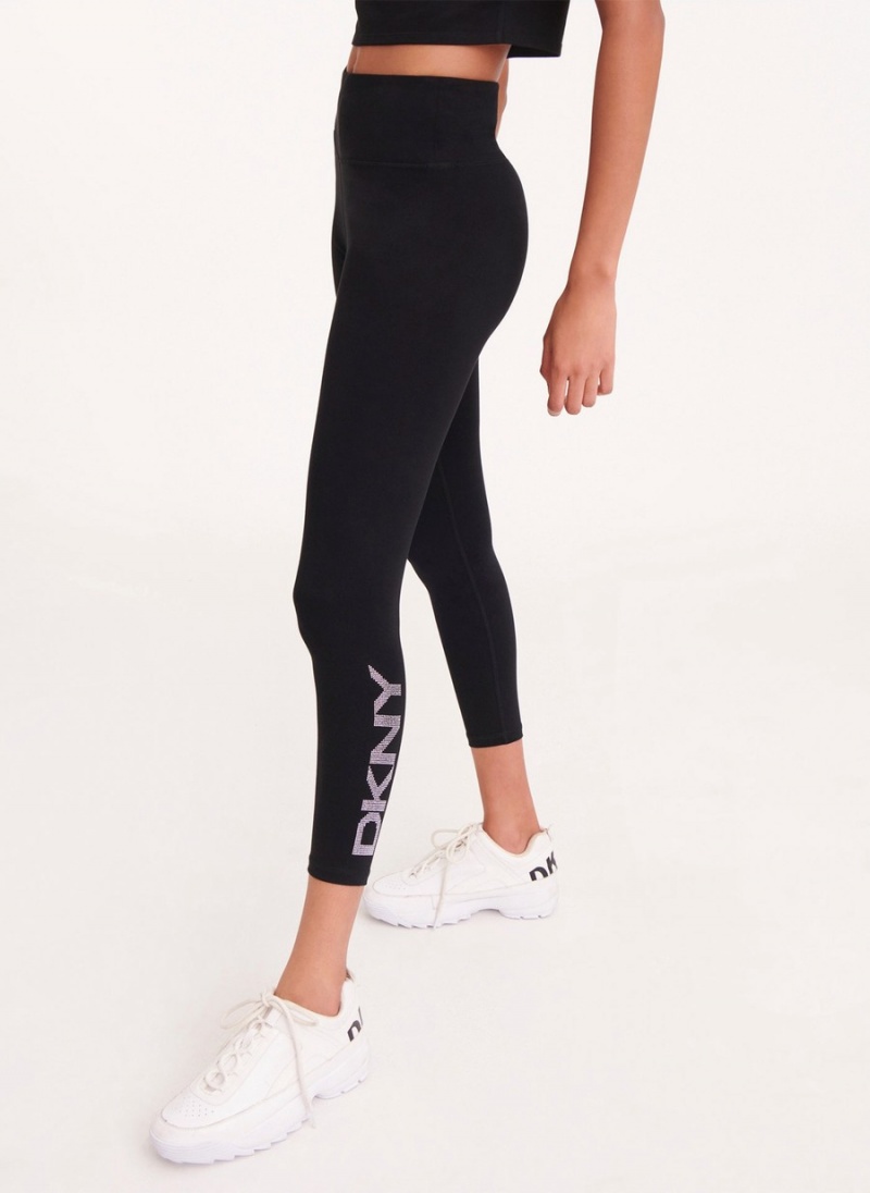 Black Dkny Rhinestone Logo High Waist Women's Leggings | E6011115