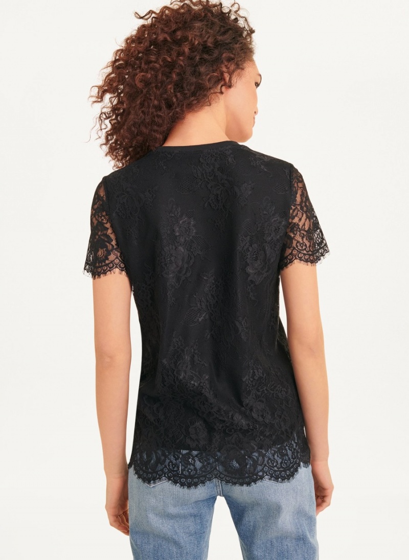 Black Dkny Short Sleeve Lace Overlay With Fashion Girl Graphic Women's T Shirts | M0739378