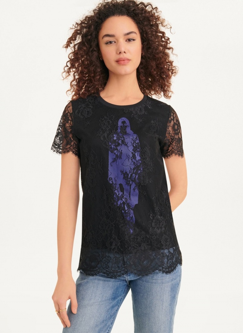 Black Dkny Short Sleeve Lace Overlay With Fashion Girl Graphic Women's T Shirts | M0739378