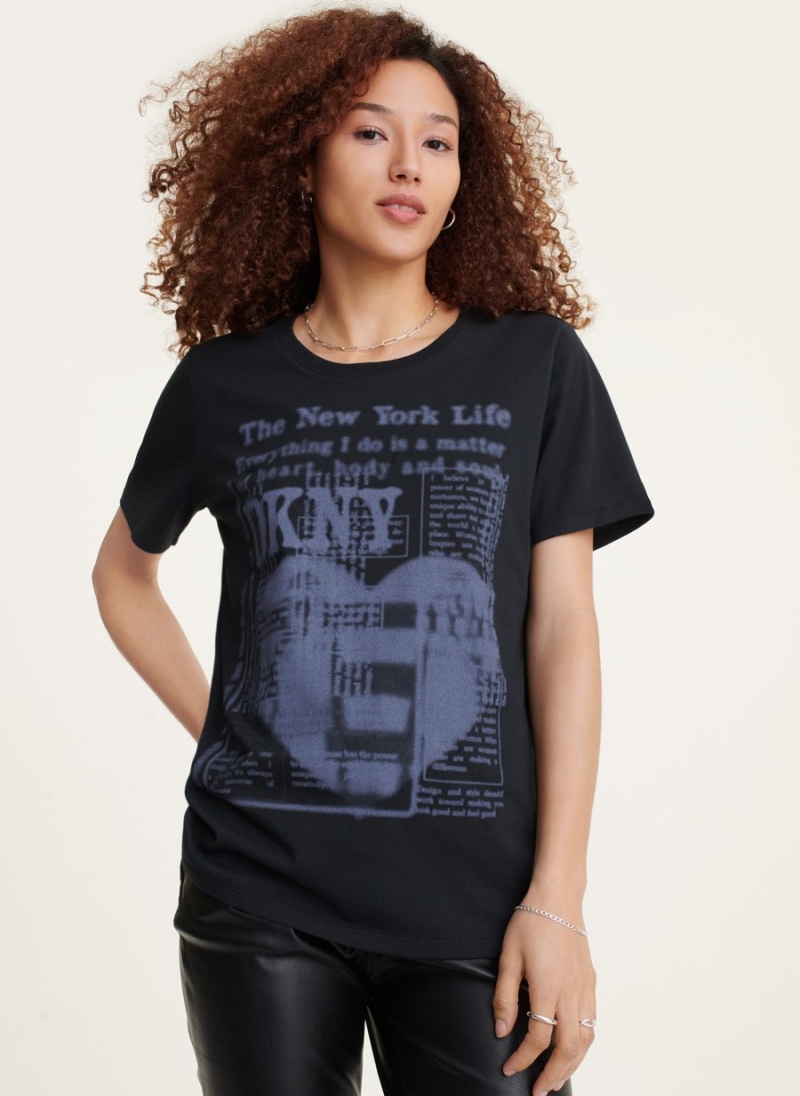 Black Dkny Short Sleeve Newspaper Women's T Shirts | U3598976