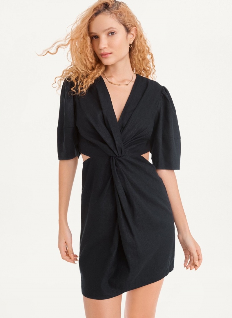 Black Dkny Side Cut Linen Mini Women's Dress | W7668312