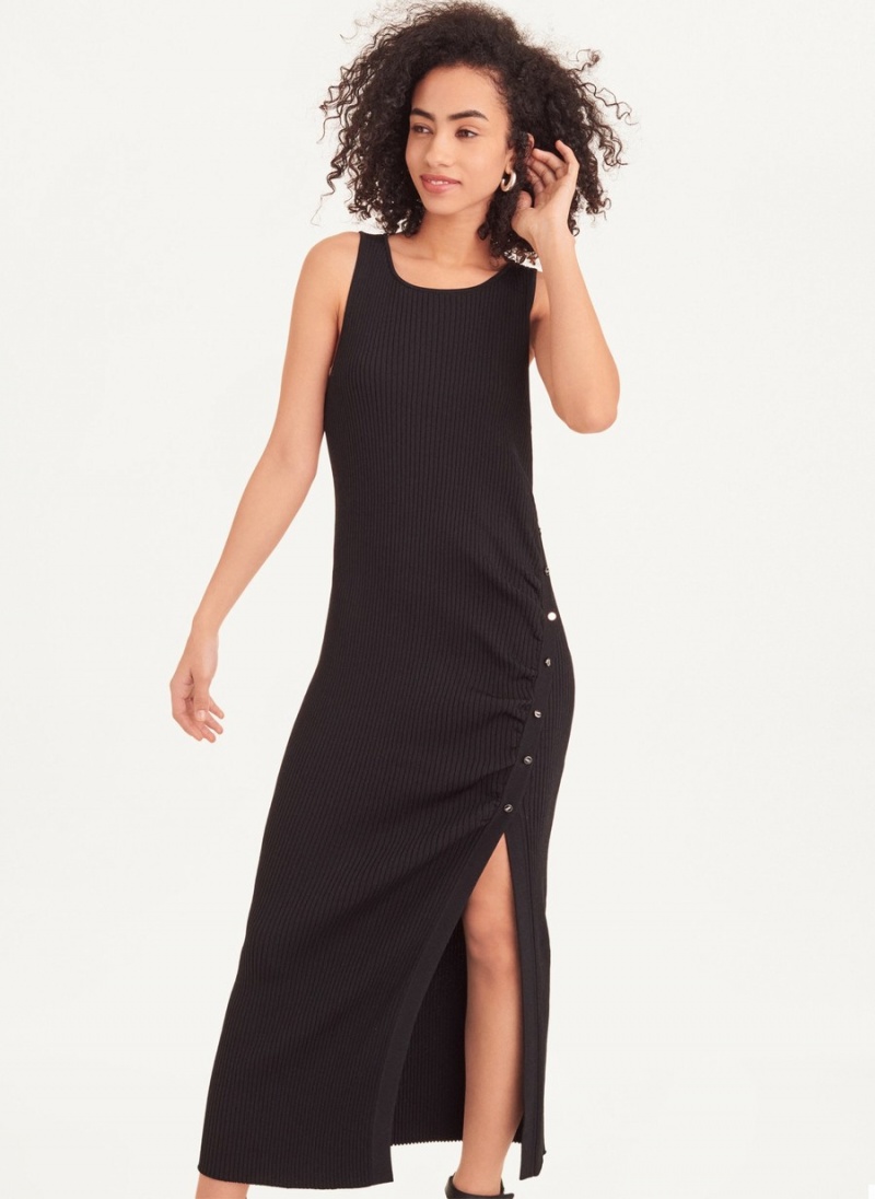 Black Dkny Sleeveless Rib With Buttons Women's Dress | Z9956252