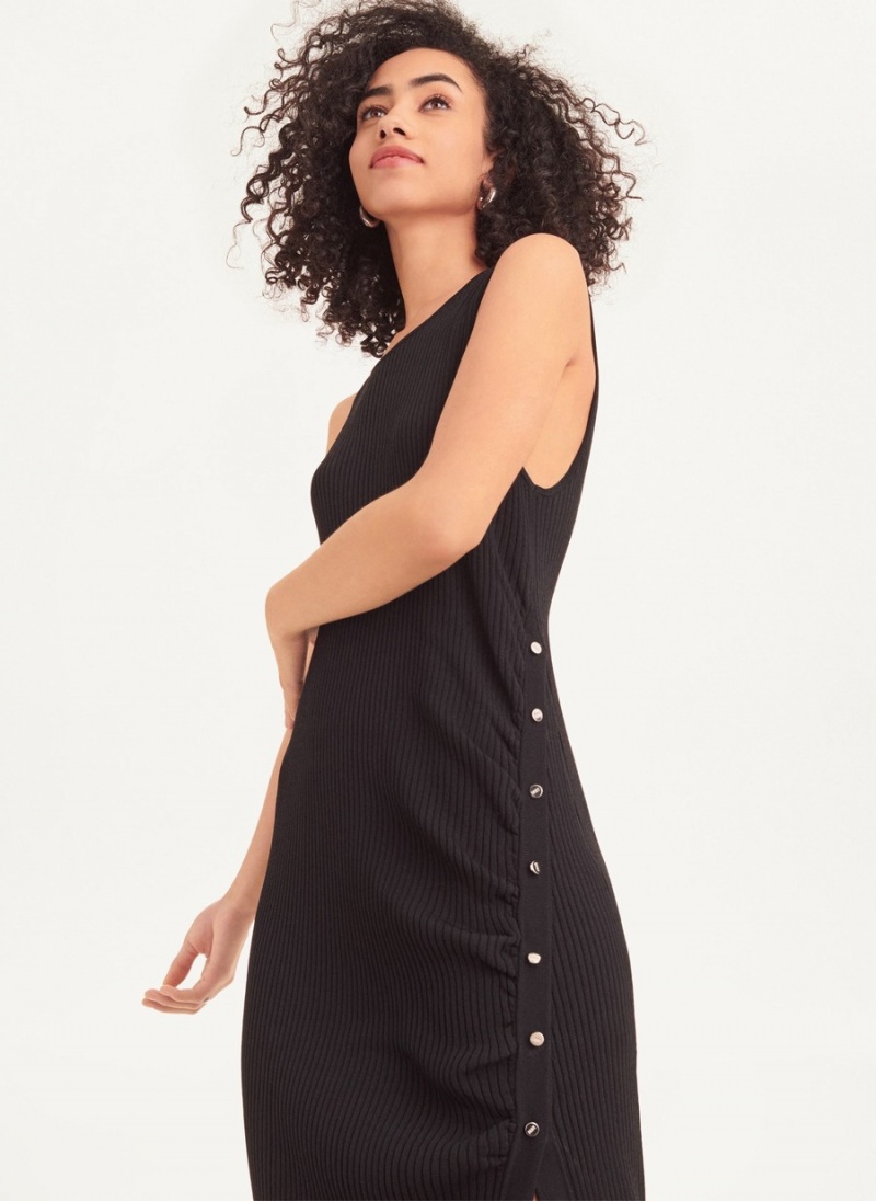 Black Dkny Sleeveless Rib With Buttons Women's Dress | Z9956252