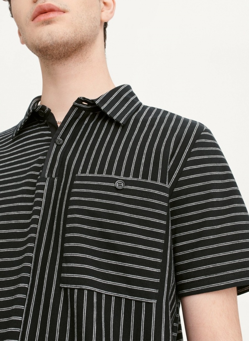 Black Dkny Slub Jersey Stripe Men's Polo Shirts | I7912888