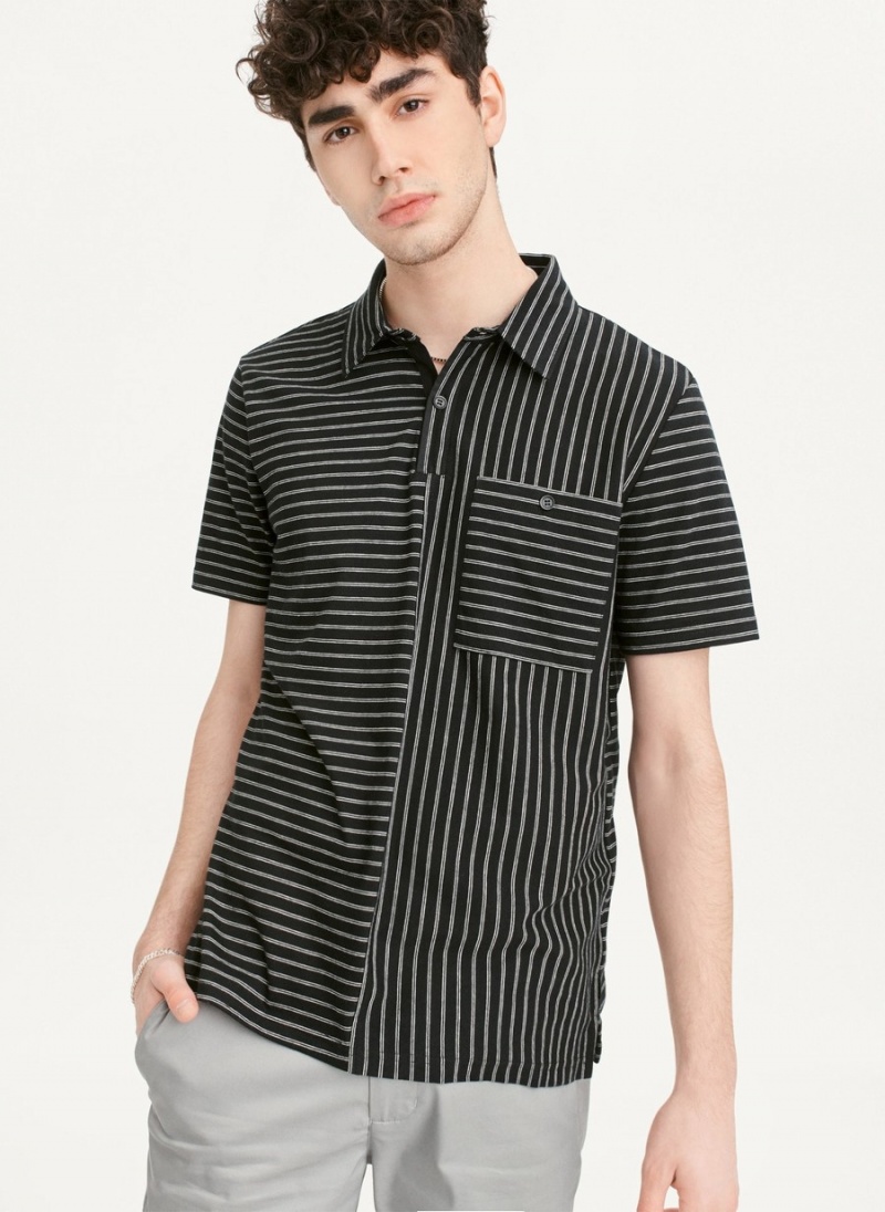 Black Dkny Slub Jersey Stripe Men\'s Polo Shirts | I7912888