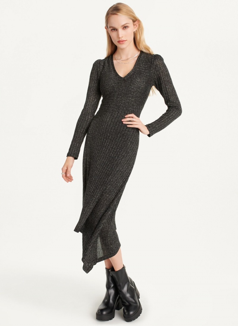 Black Dkny Sparkle Ribbed Midi Women\'s Dress | W5844185