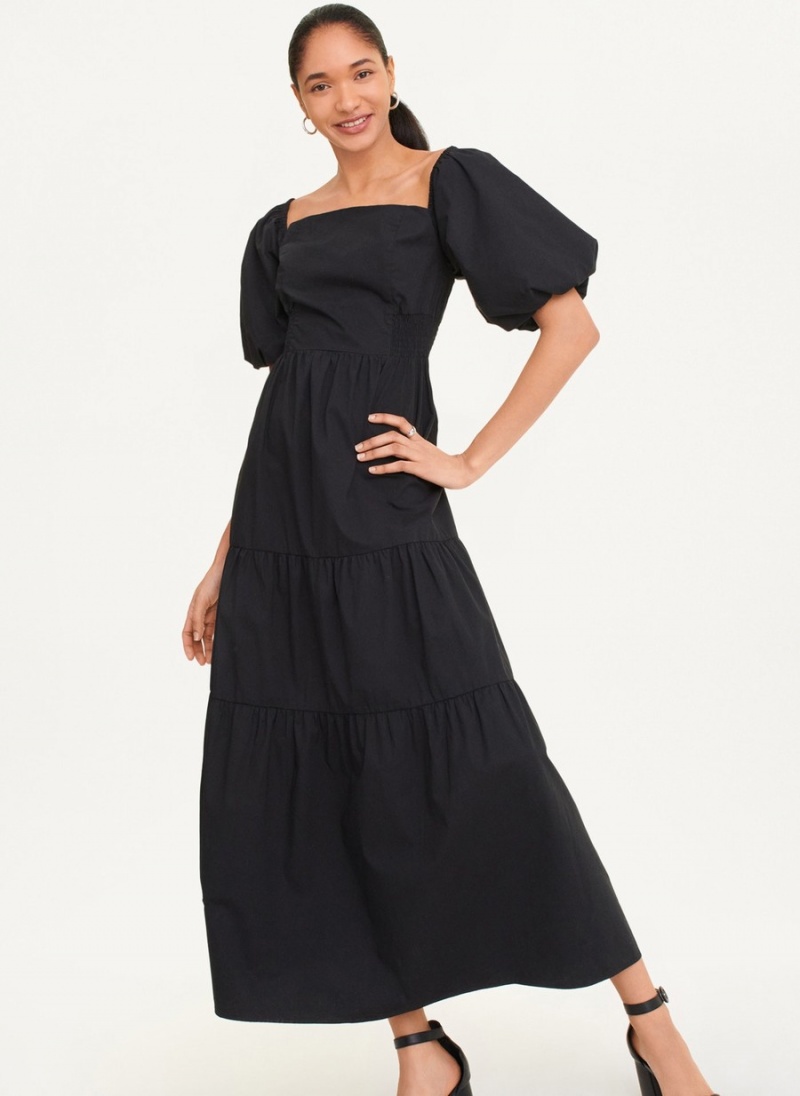 Black Dkny Square Neck Tiered Poplin Women's Dress | M4440266