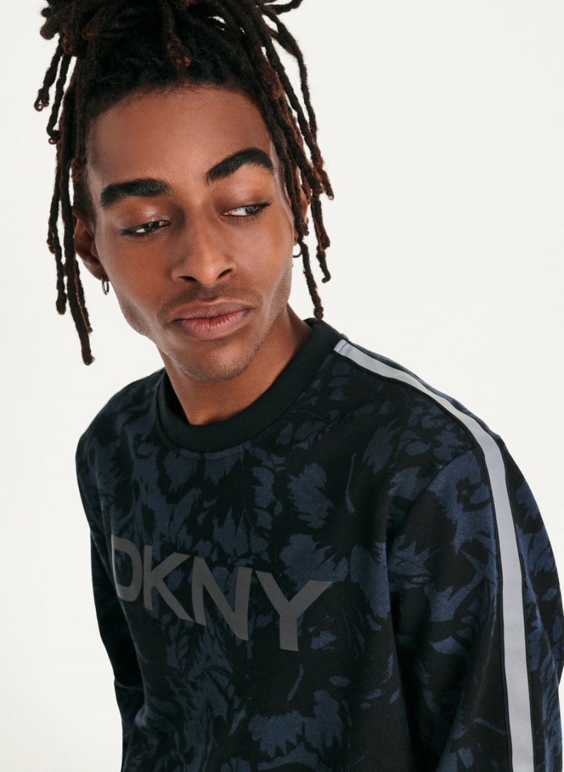 Black Dkny Tropical Print French Terry Men's Sweatshirts | G8300652