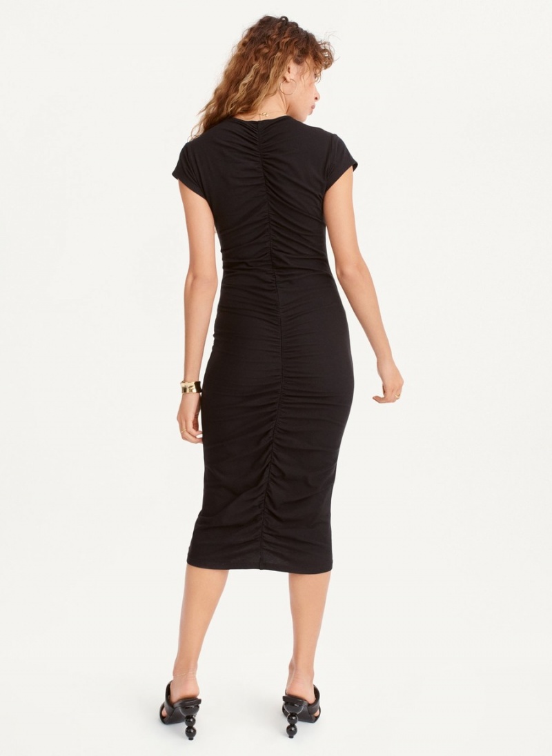 Black Dkny V-Neck Ruched Midi Women's Dress | C5095708