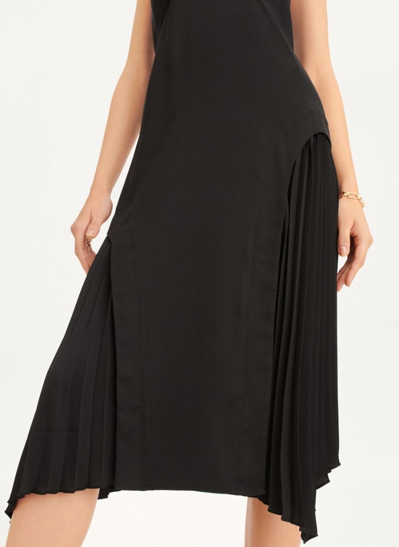 Black Dkny V-neck Asymmetrical Pleated Women's Dress | X1684193