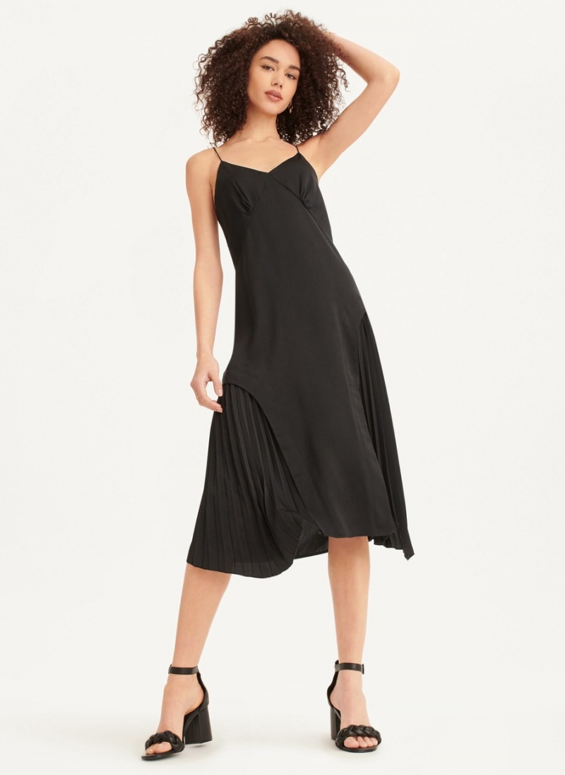 Black Dkny V-neck Asymmetrical Pleated Women\'s Dress | X1684193