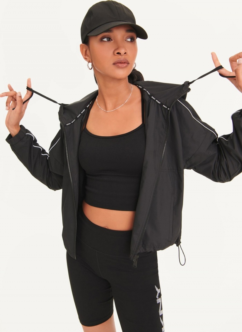 Black Dkny Windbreaker With Reflective Taping Women's Windbreaker | Z6408957