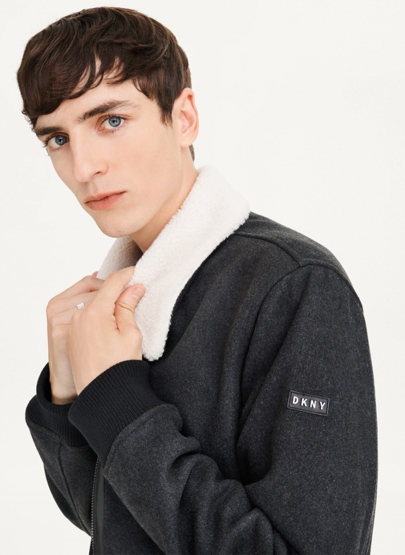 Black Dkny Wool Blend Bomber With Sherpa Collar Men's Jackets | K2862610