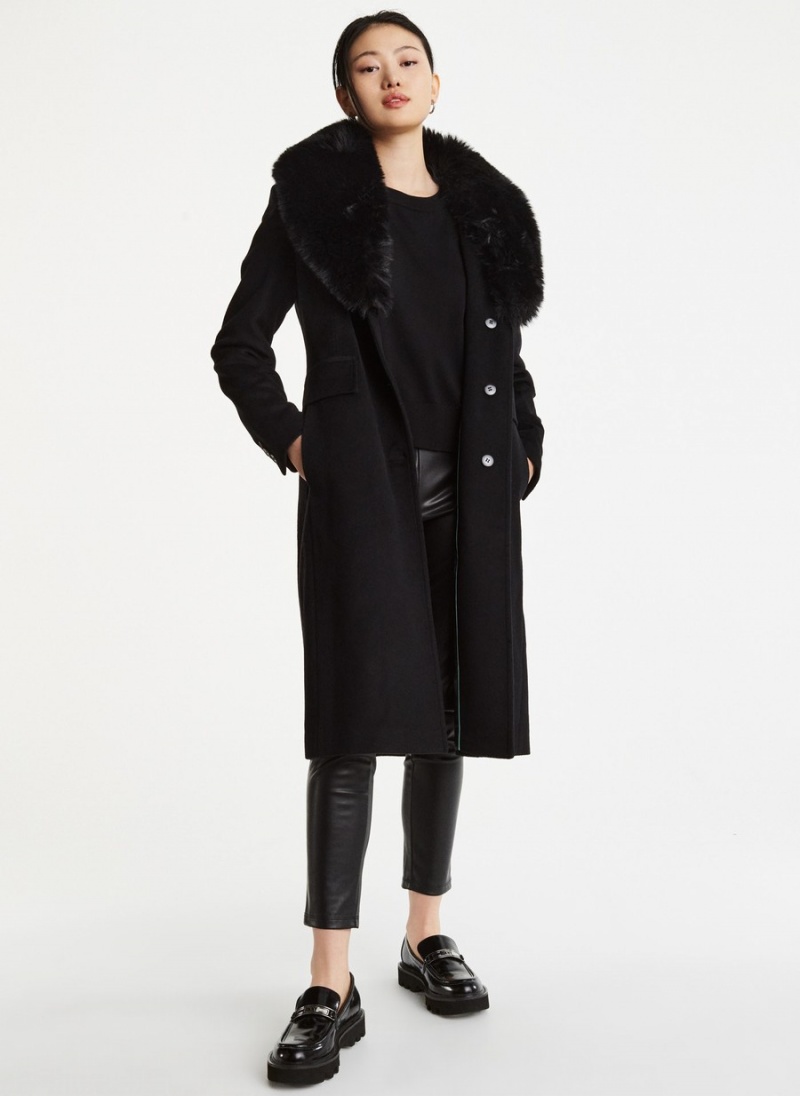 Black Dkny Wool With Faux Fur Collar Women's Trench Coat | A9354513