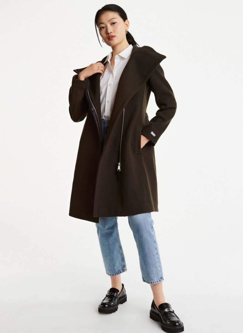 Black Dkny Wrap Wool With Leather Trim Women's Coats | X9152356