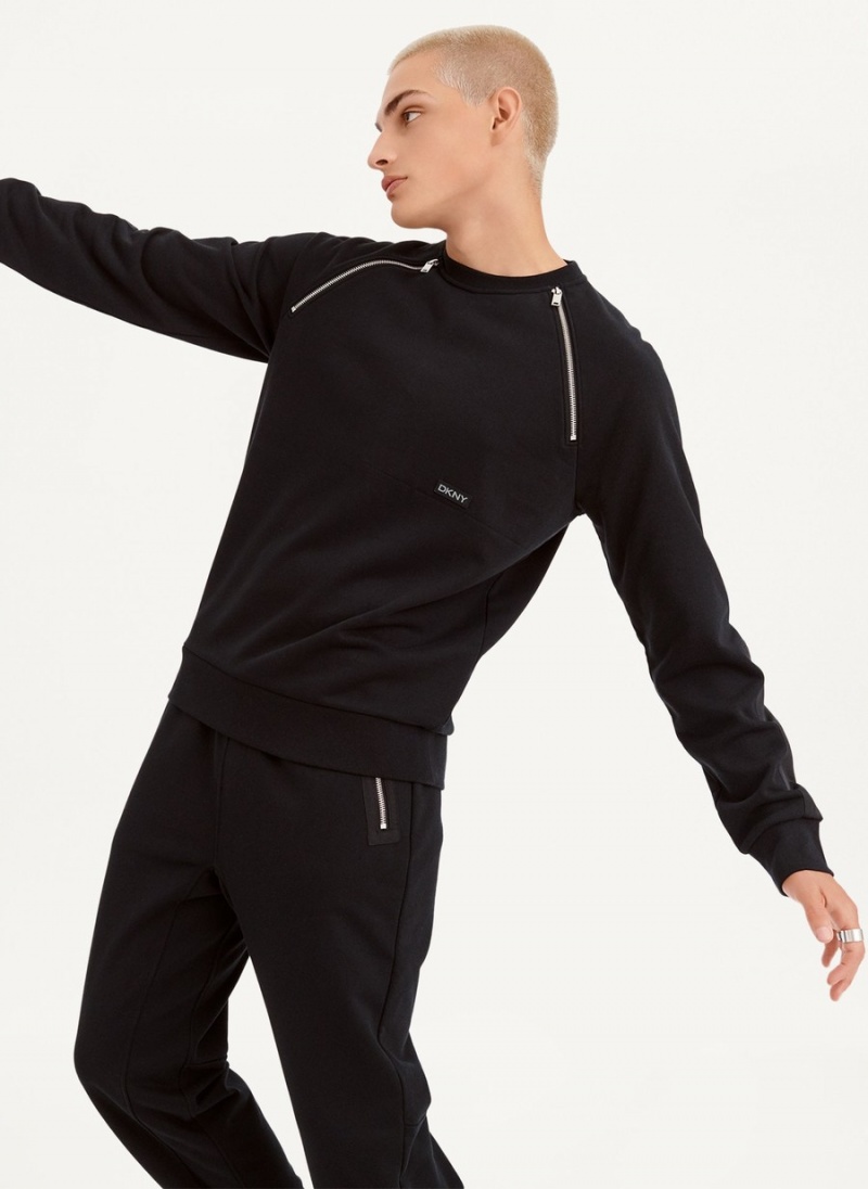 Black Dkny Zipper Detail Men's Sweatshirts | B3985498