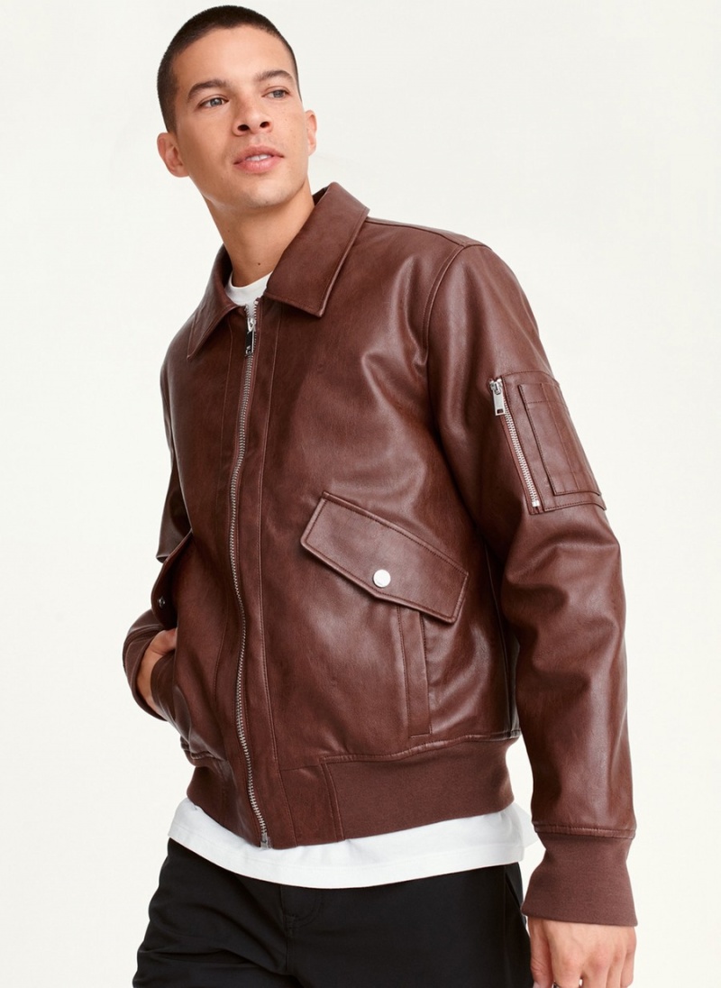 Burgundy Dkny Faux Soft Lamb Bomber Men\'s Jackets | P5203883