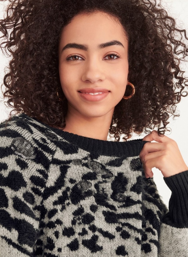 Grey Dkny Long Sleeve Puff Crew Neck With Sequin Detail Women's Sweaters | F7022134