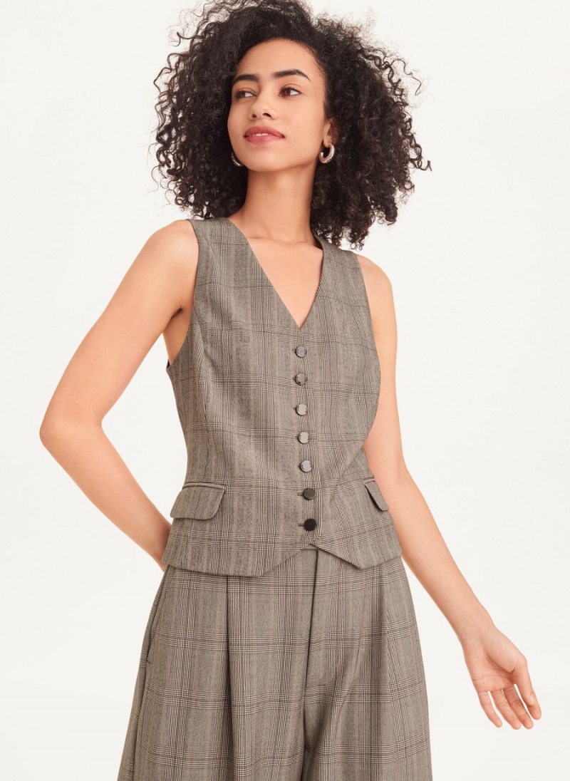 Grey Dkny Plaid 7 Button Women's Vest | S4578801