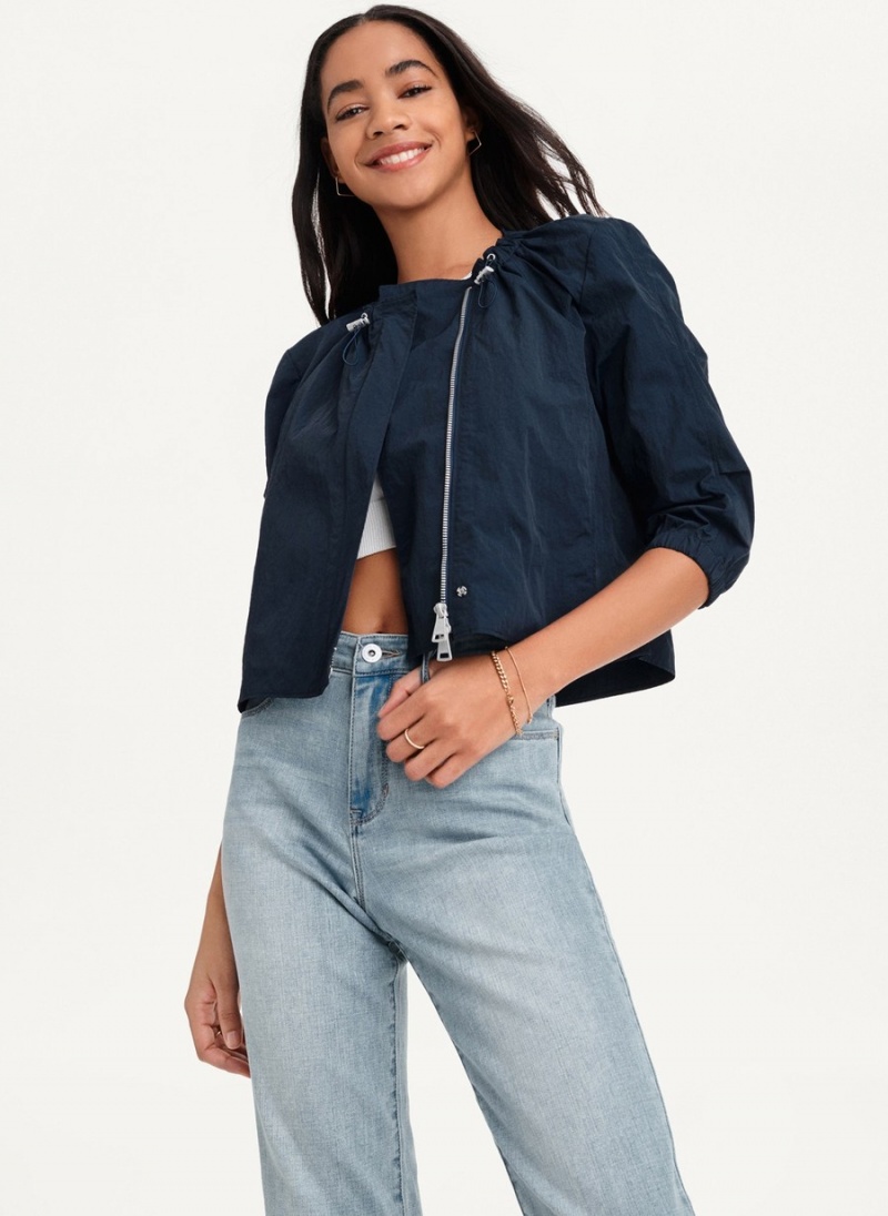 Navy Dkny Cropped With Elastic Collar Women's Jackets | U2427845