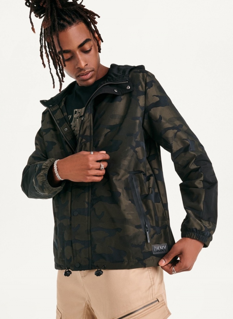 Olive Dkny Camo Hooded Men\'s Jackets | Z5051730