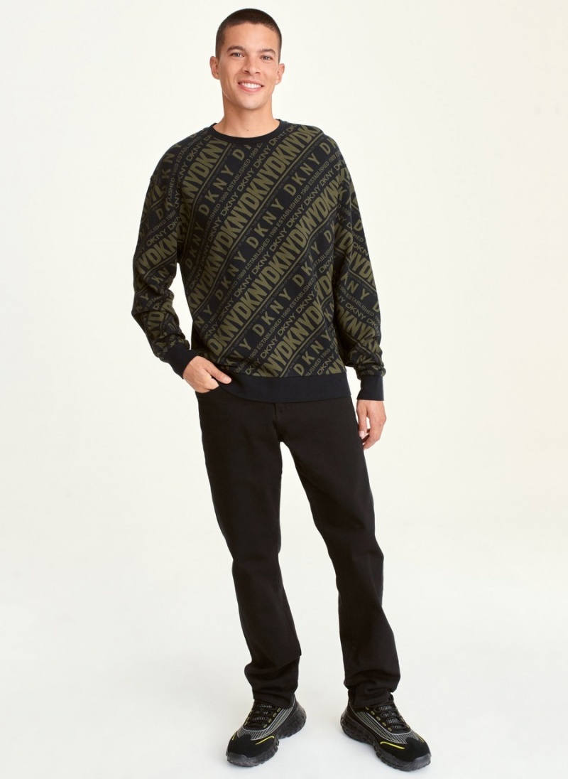 Olive Dkny Long Sleeve Diagonal Logo Print Crew Men's Sweaters | N6971569