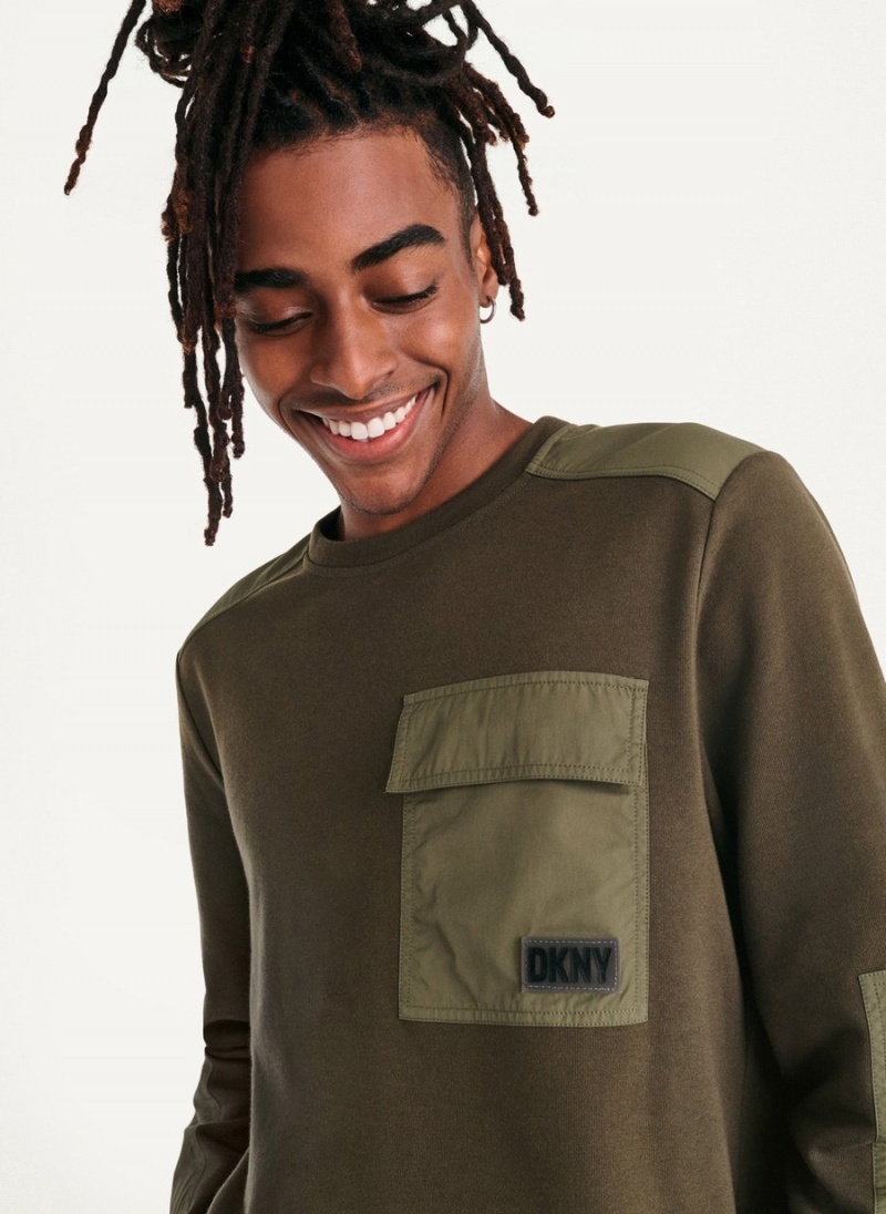 Olive Dkny Mixed Media Military Men's Sweatshirts | I8844515