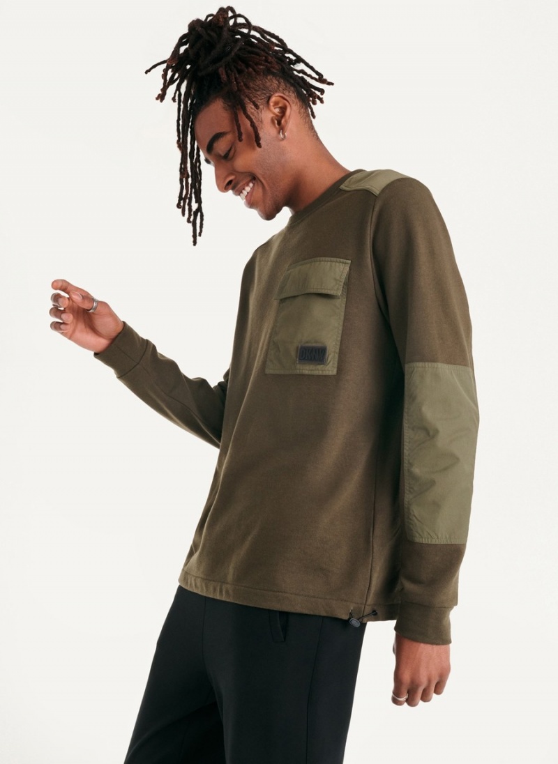 Olive Dkny Mixed Media Military Men's Sweatshirts | I8844515