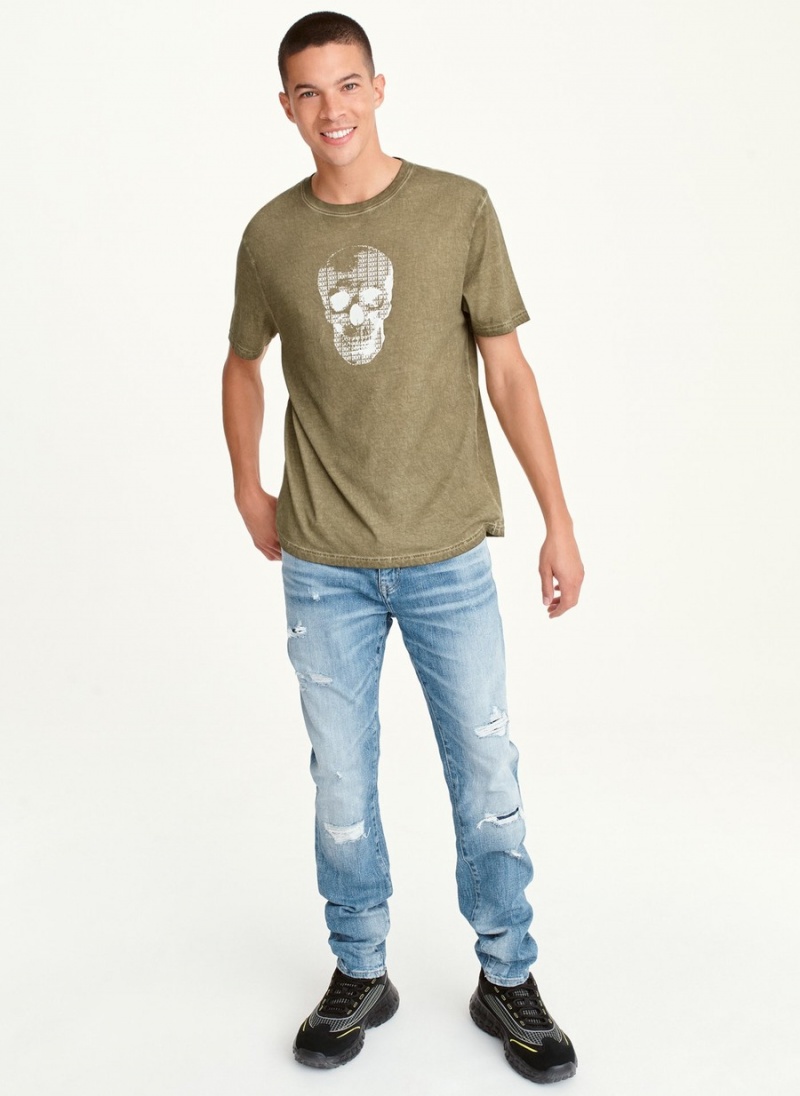 Olive Dkny OUTLINE LOGO SKULL MINERAL WASH Men's T Shirts | W5162757