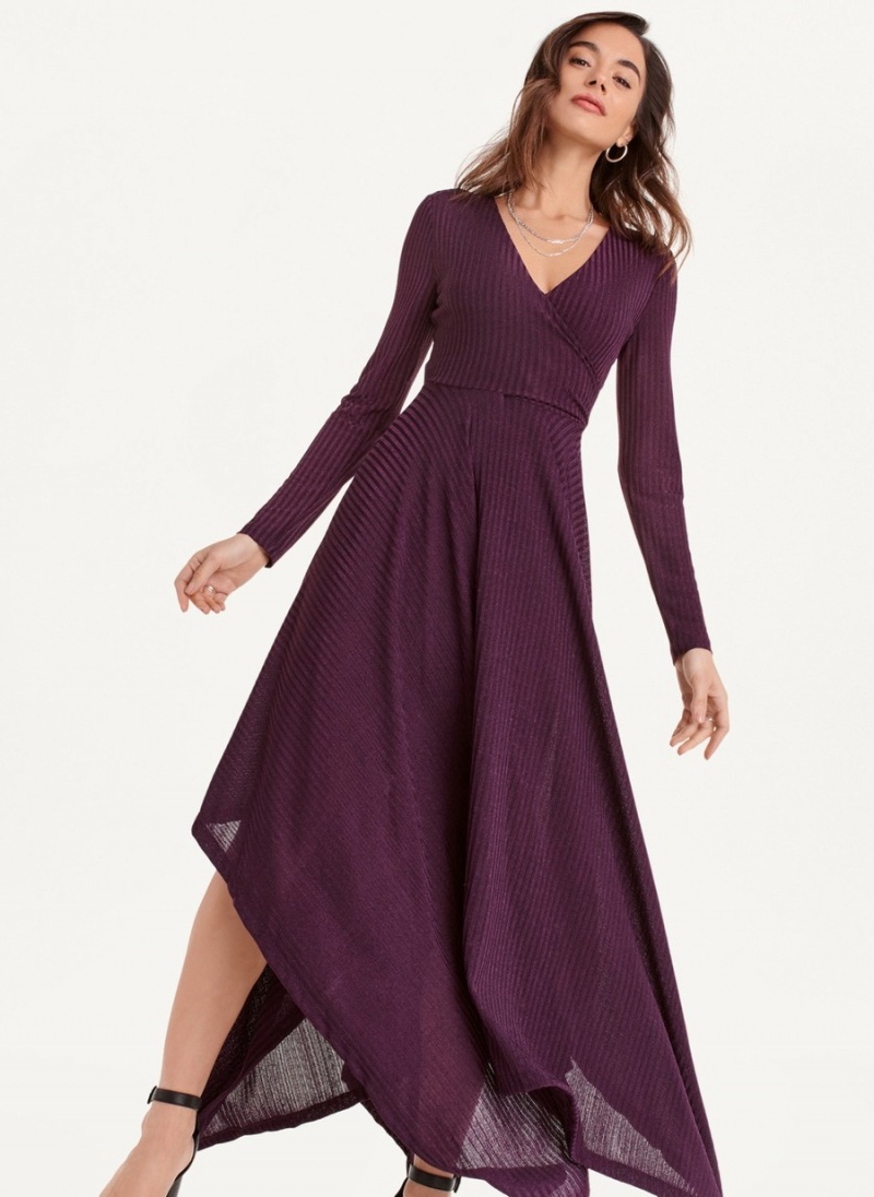 Purple Dkny Long Sleeve Rib Hacci Wrap Maxi Women's Dress | L6031601