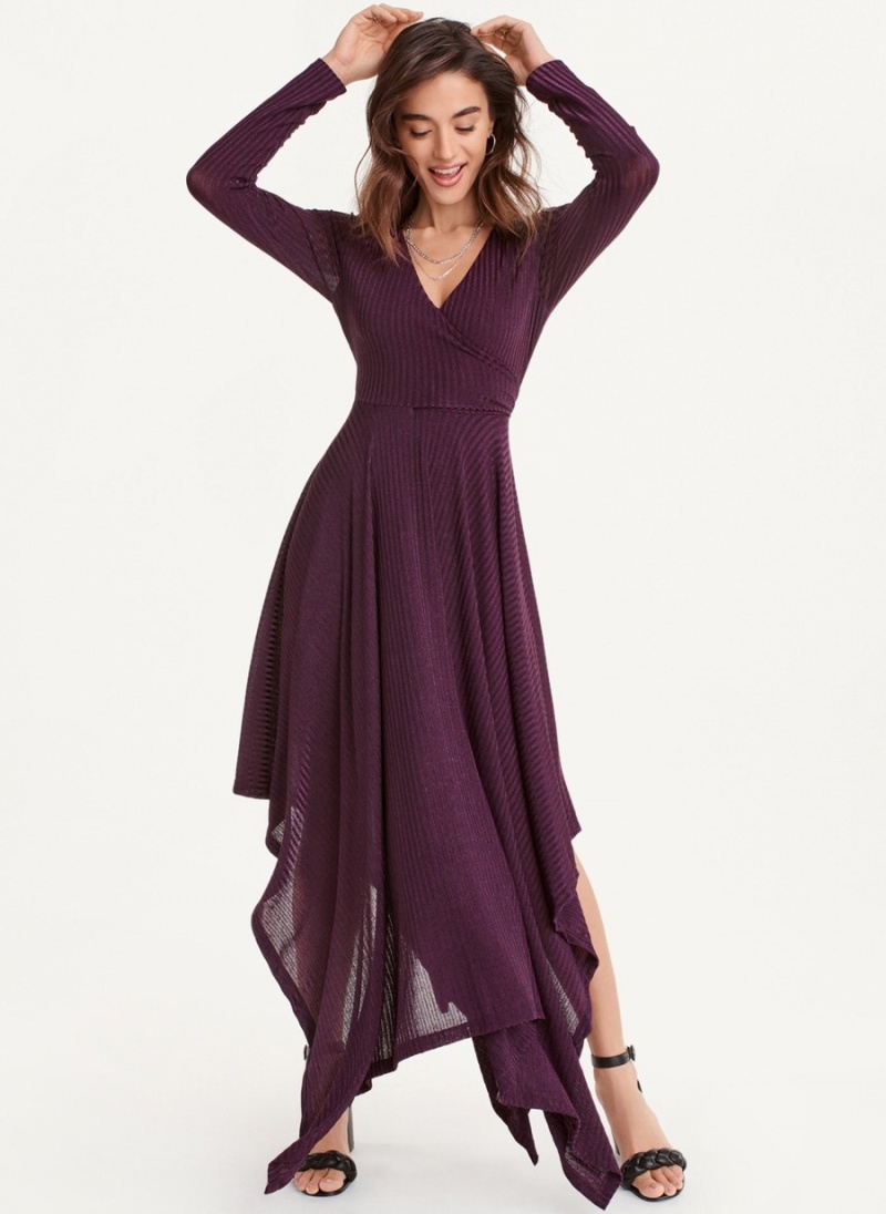 Purple Dkny Long Sleeve Rib Hacci Wrap Maxi Women\'s Dress | L6031601