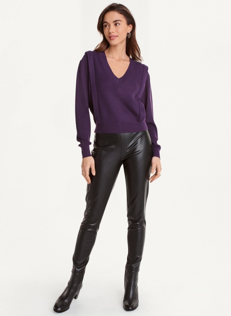 Purple Dkny Long Sleeve V-Neck Flange Women's Sweaters | E2374246